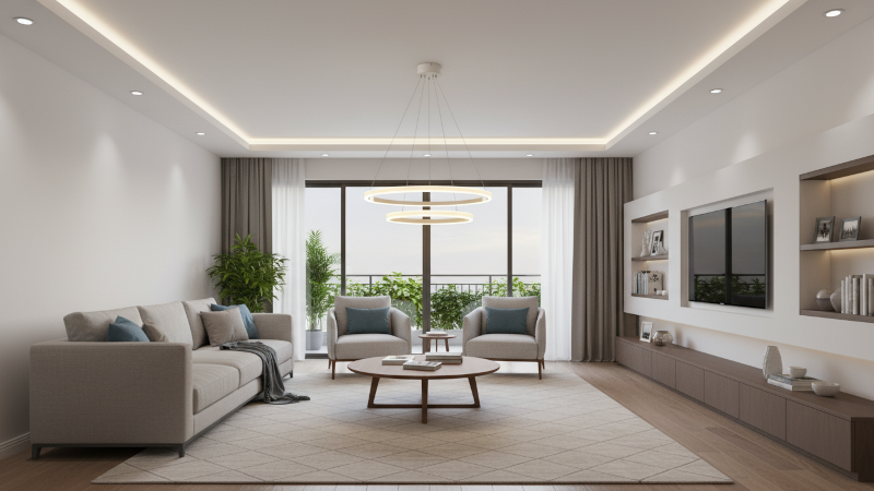 ứng dụng đèn thả trần 2 vòng tròn 1 line trắng DT5103-2