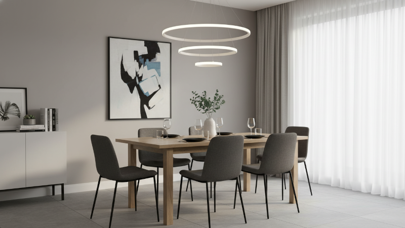 Ứng dụng đèn thả trần 3 vòng tròn 1 line trắng DT5103-3